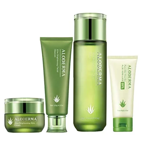 Aloderma Essential Aloe Brightening Skin Care Set - 4 Pieces - Gel, Cleanser, Toner, Cream