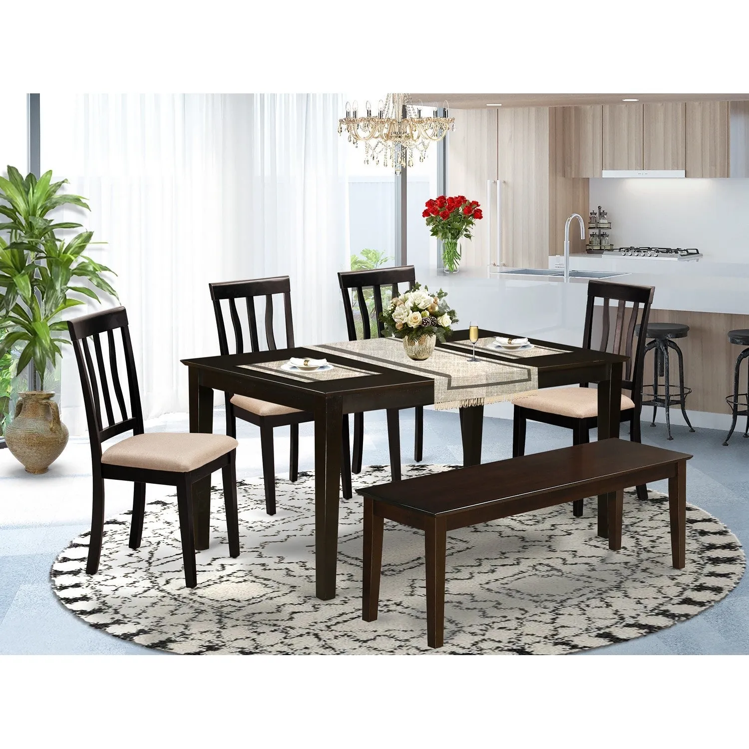 East West Furniture CAAN6-CAP-C 6 Piece Dining Table Set Contains a Rectangle Dining Room Table and 4 Linen Fabric Upholstered Chairs with a Bench, 36x60 Inch, Cappuccino