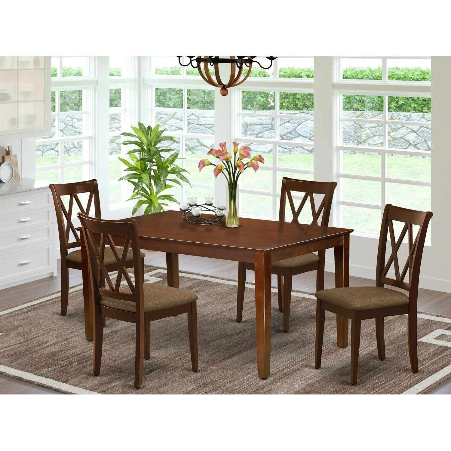 East West Furniture CACL5-MAH-C 5 Piece Dining Table Set for 4 Includes a Rectangle Kitchen Table and 4 Linen Fabric Upholstered Dinette Chairs, 36x60 Inch, Mahogany