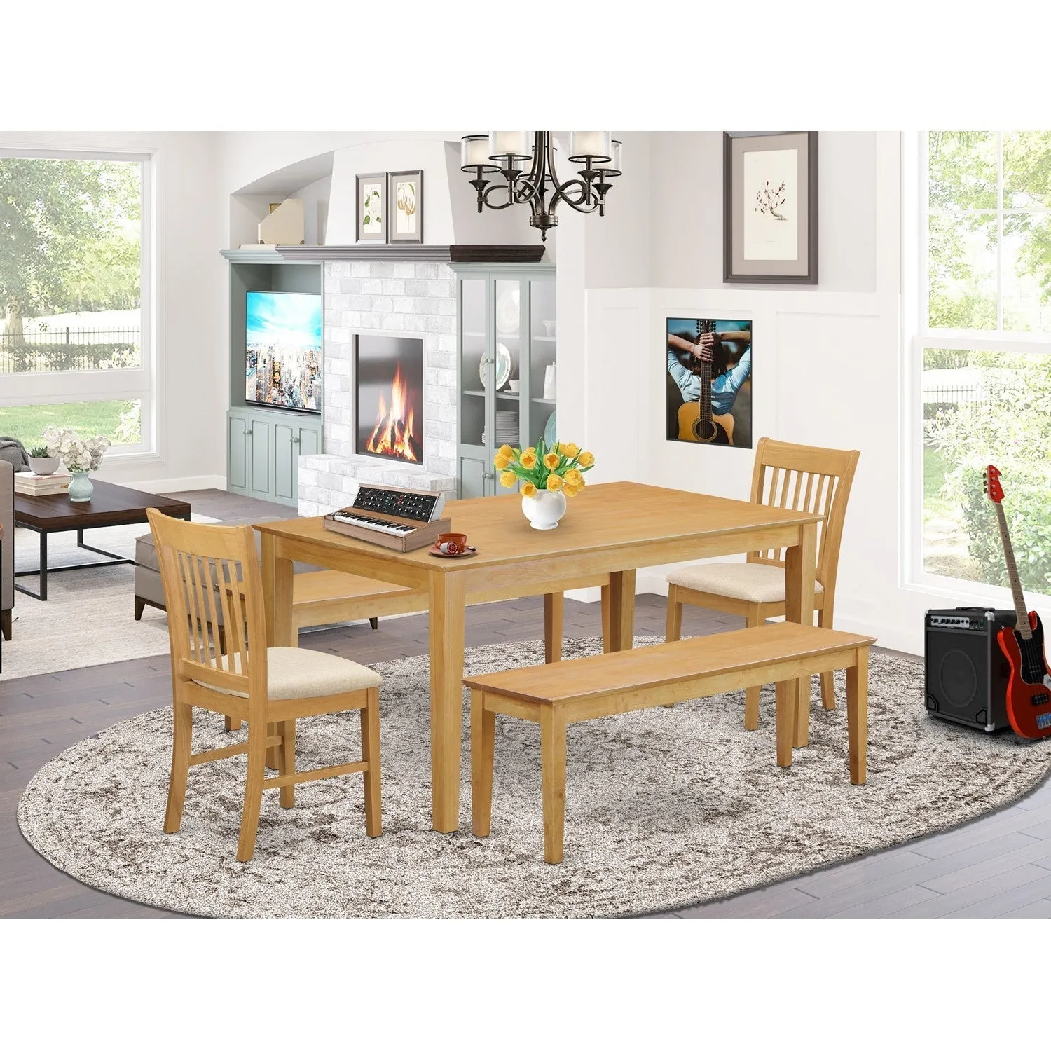 East West Furniture CANO5C-OAK-C 5 Piece Dining Set Includes a Rectangle Dining Room Table and 2 Linen Fabric Kitchen Chairs with 2 Benches, 36x60 Inch, Oak