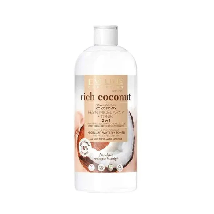 EVELINE Rich Coconut Moisturizing Coconut Micellar Water Toner 2in1  - 500ml | ايفلين تونر   مزيل مكياج في منتج واحد - 500 مل